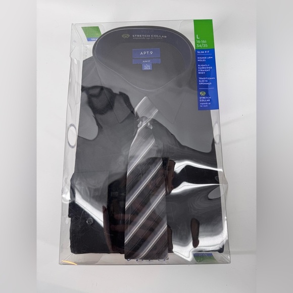 NWT APT.9 Men’s Long Sleeve Button Dress Black Shirt With a Tie Slim Fit Size L - Picture 1 of 3